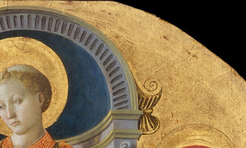 The halo dominates the upper center against the gold ground and functions as a visual anchor for the whole composition, separating heavenly from earthly space.