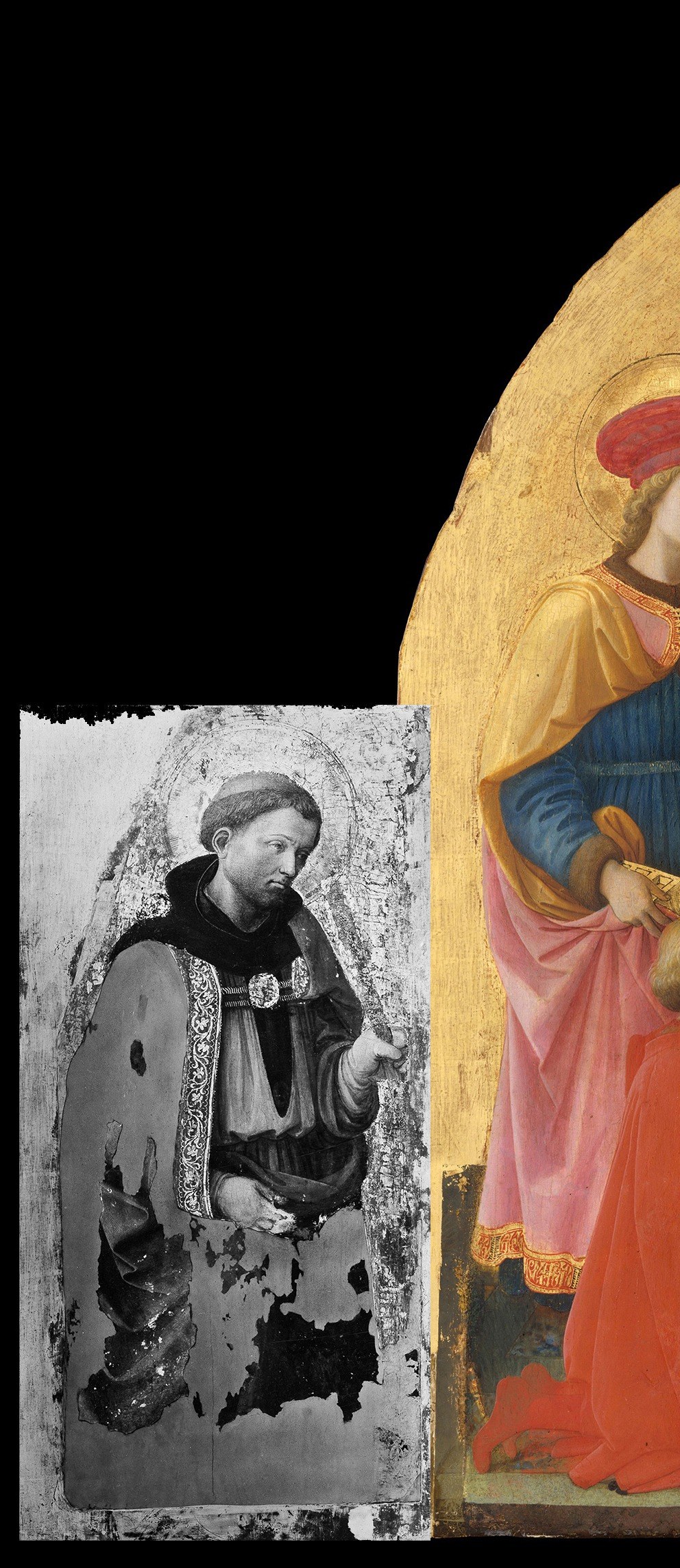 The gray flanking images are modern archival photographs of the damaged or lost side panels , visible evidence of the triptych's fragmented history and Zeri's 1971 restoration.