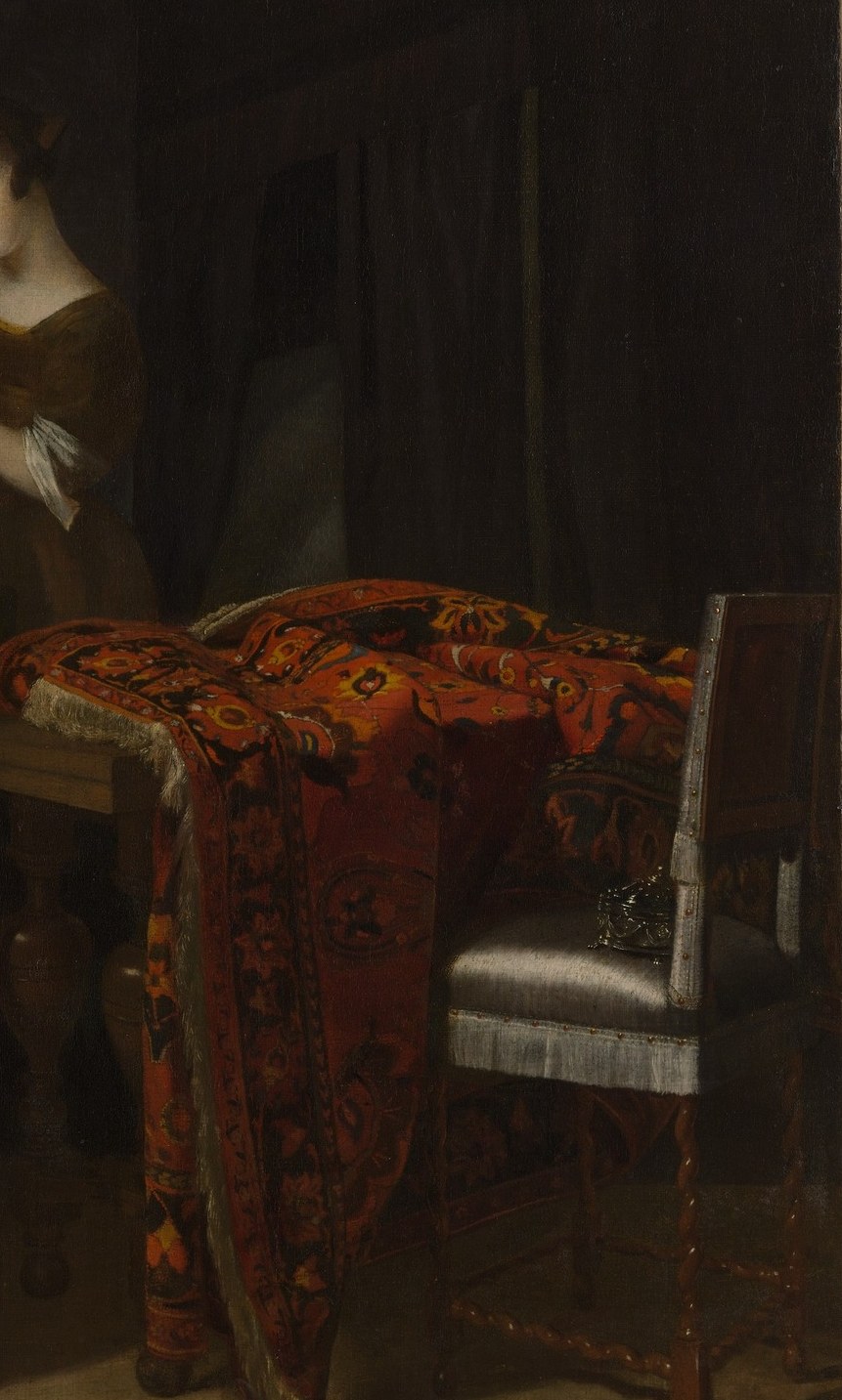 The saturated red anchors the right half of the composition and throws the silver-white dress into starker relief , a deliberate coloristic opposition.