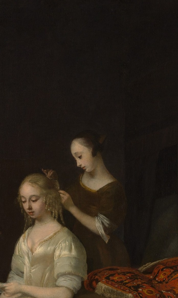 Her proximity creates an involuntary witness to a private moment; the social asymmetry between mistress and maid is encoded in posture alone.