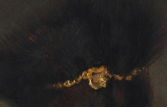 Rembrandt locks eye-contact deliberately; the gaze follows the viewer , the psychological hook that makes this portrait feel like a confrontation rather than a document.