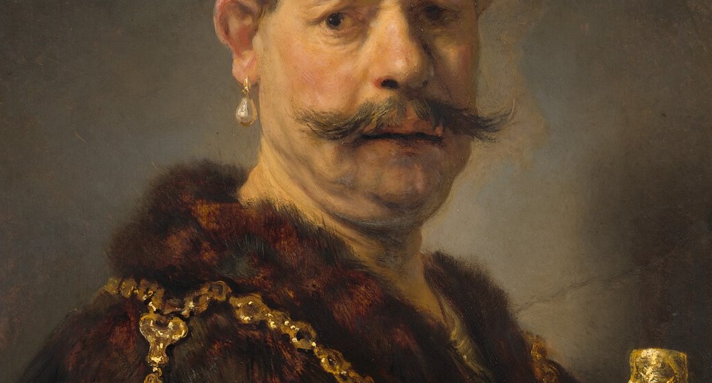 A chain of this weight signals royal gift or knightly investiture; each link is individually rendered, showcasing Rembrandt's ability to make gold glow without metallic paint.