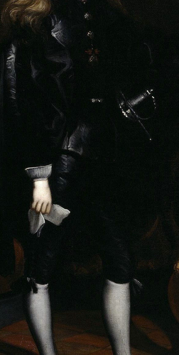 His velvet suit shows his royal status.