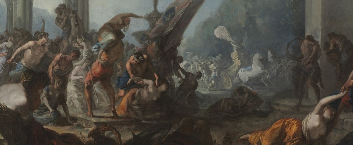 Vigorous brushwork and strong chiaroscuro model the struggling bodies.