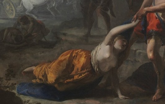 Her prone position and expression convey a sense of defeat and helplessness.