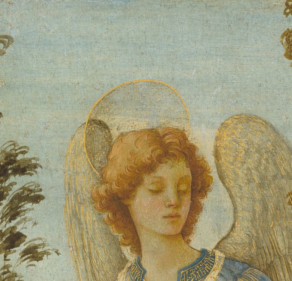 The angel's composed, almost androgynous expression embodies divine calm , a contrast to Tobias's youthful anxiety that anchors the painting's emotional hierarchy.