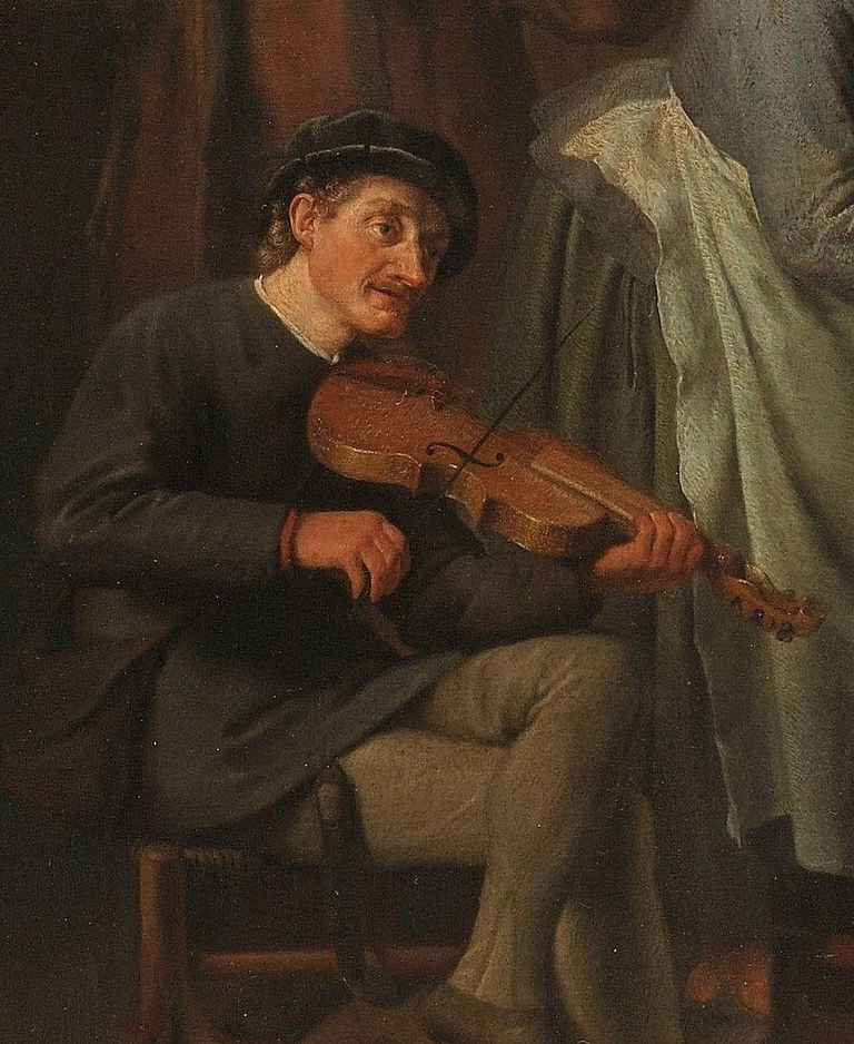 The violinist anchors the scene, lost in his playing.
