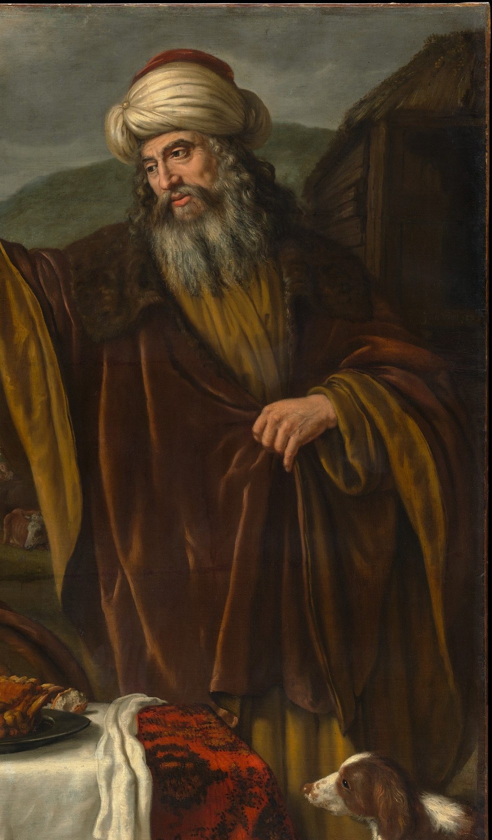 The monumental scale of Abraham relative to every other figure is a deliberate hierarchy statement , Victors places him closer to the picture plane than Lot, making authority spatial as well as gestural.