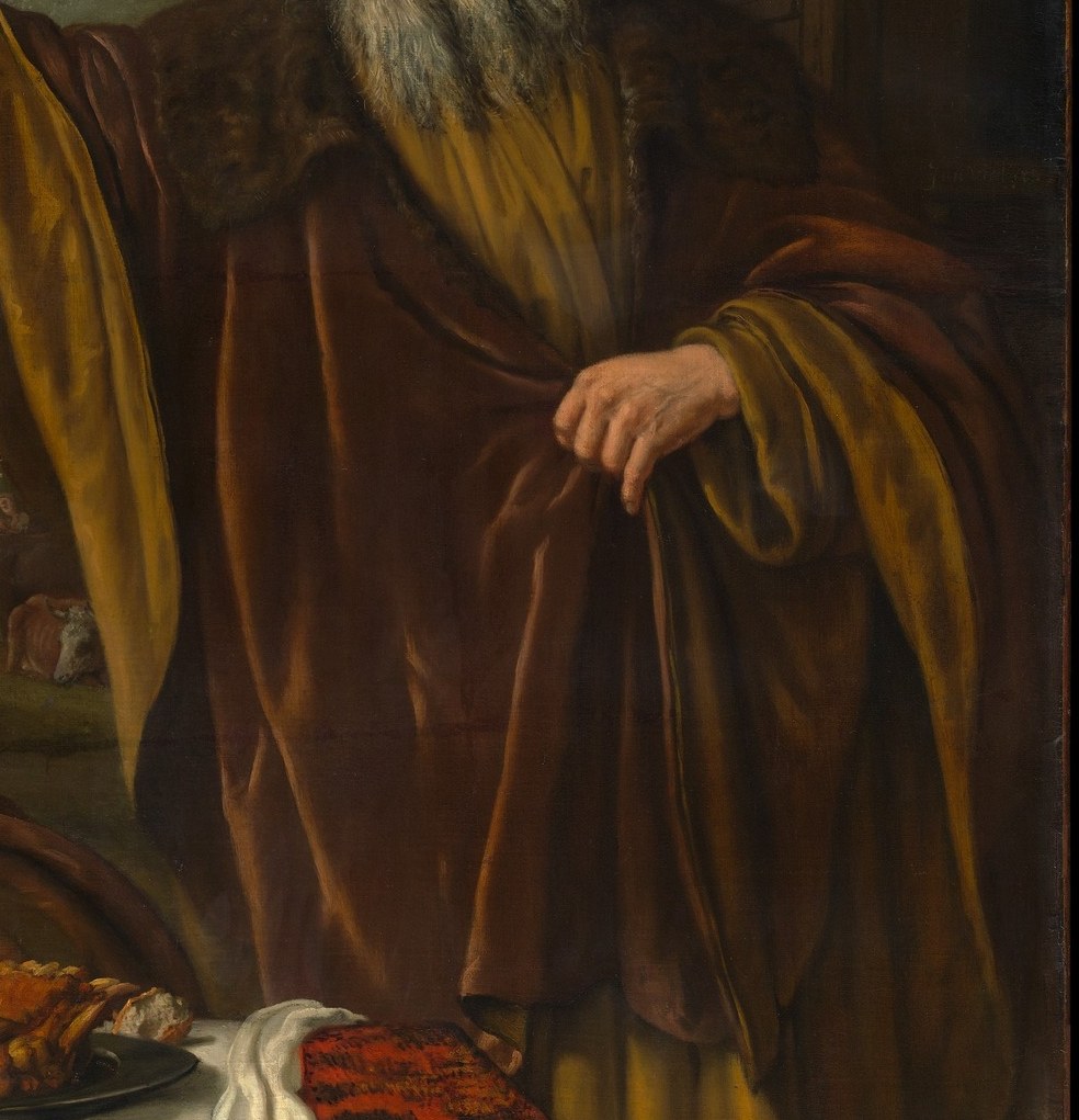 A showpiece of Dutch Golden Age drapery painting , the warm saffron-gold catches the strongest light and acts as a beacon on the right side; a virtuoso passage of layered glazes.