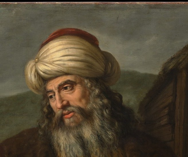 The patriarch's turbaned head is the compositional anchor , the white beard and headwrap signal age, authority, and biblical Near-Eastern identity; viewers read the whole scene's hierarchy from this face first.