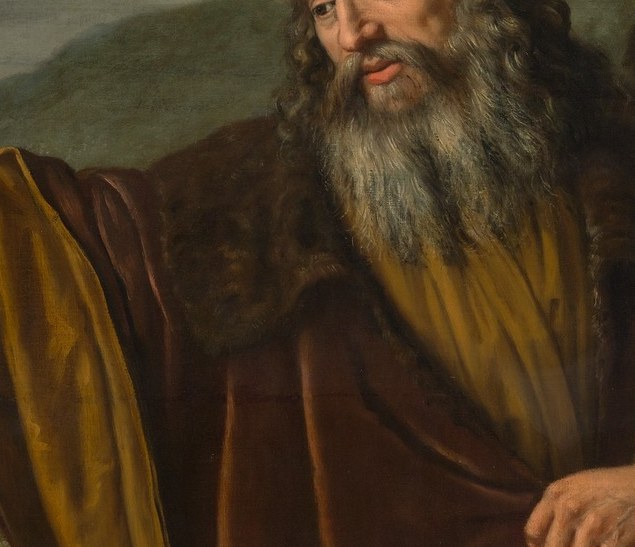 The gesture is the narrative crux , Abraham directing Lot to separate and choose his land; the arm cuts diagonally across the canvas and physically divides the two family clusters.