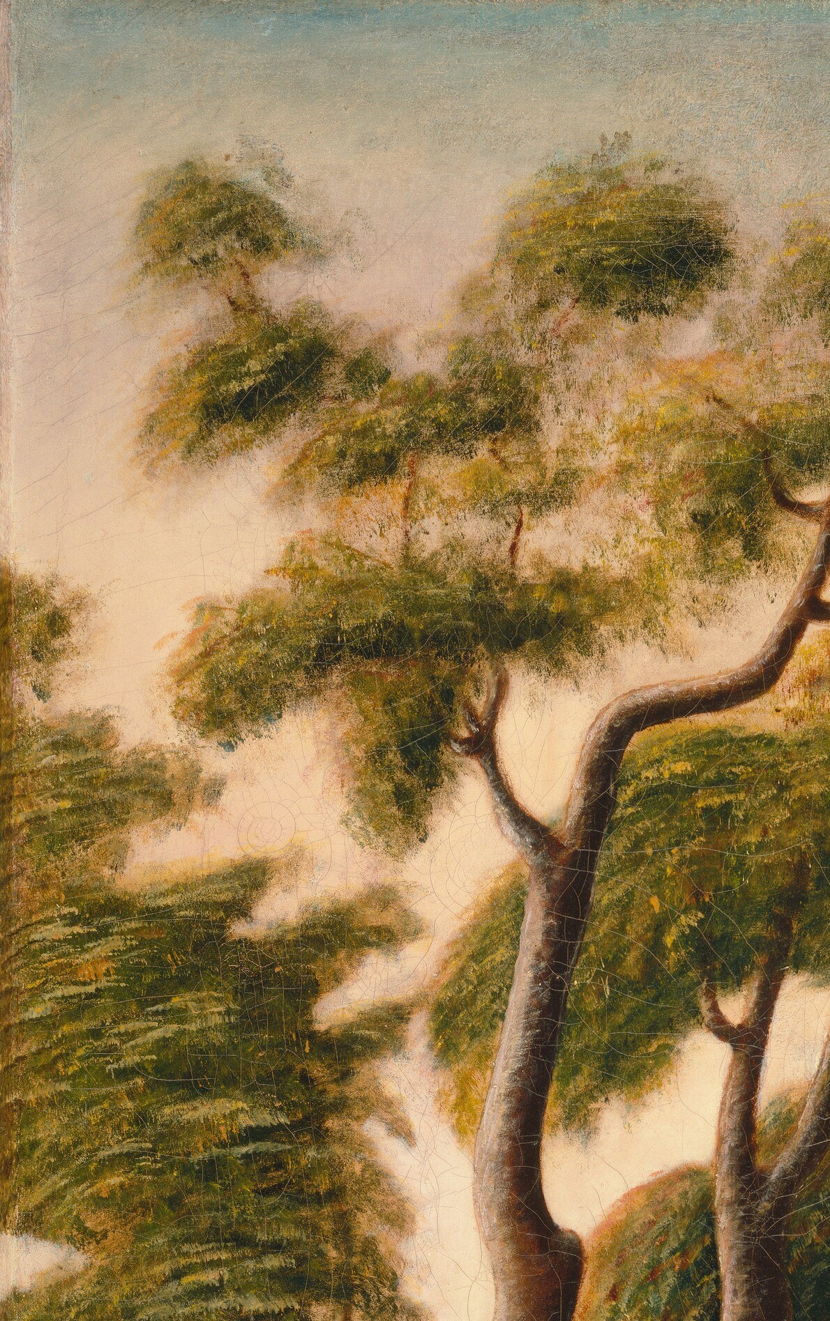 The twisted trunk and spreading canopy frame the scene theatrically and evoke the untamed Carolina swamp country where Marion operated.
