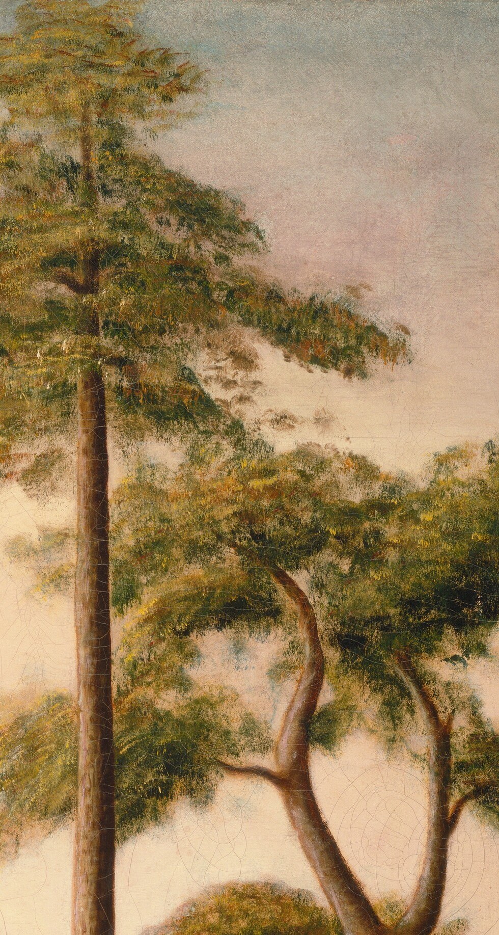 Paired with the left tree to create a natural proscenium arch, centering the eye on the human exchange and giving the painting a stage-set quality.