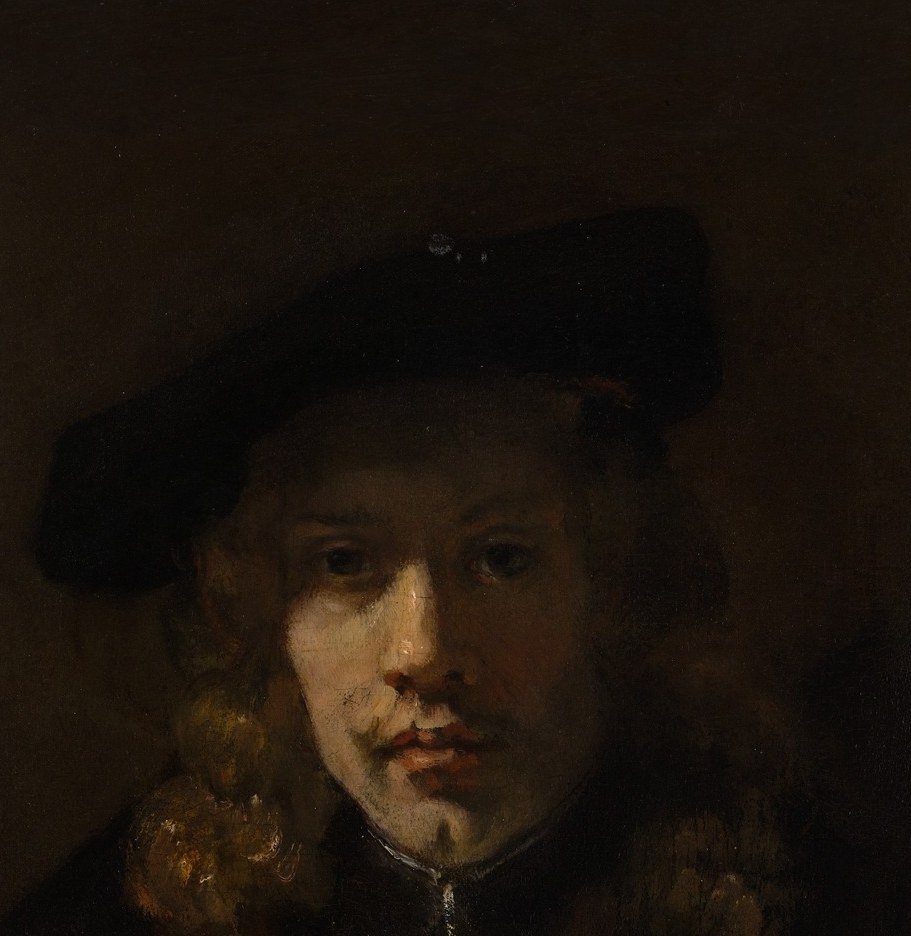 The emotional core of the portrait , Rembrandt's characteristic light catches the forehead and cheek, leaving the rest in shadow, conveying quiet introspection