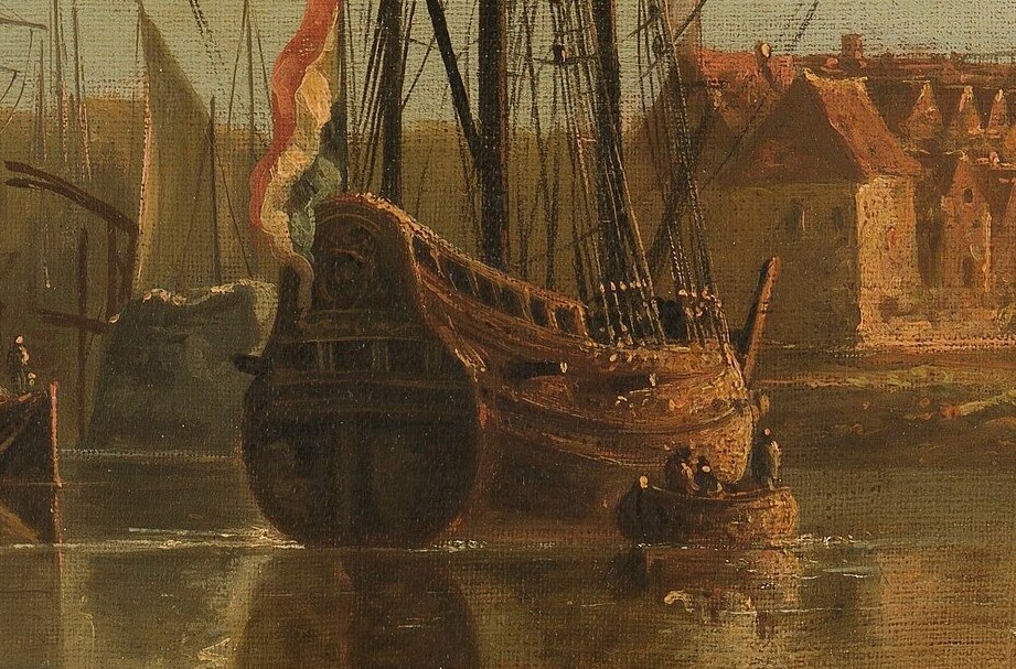 The detailed rendering of the ship's hull suggests its importance and the era's shipbuilding.