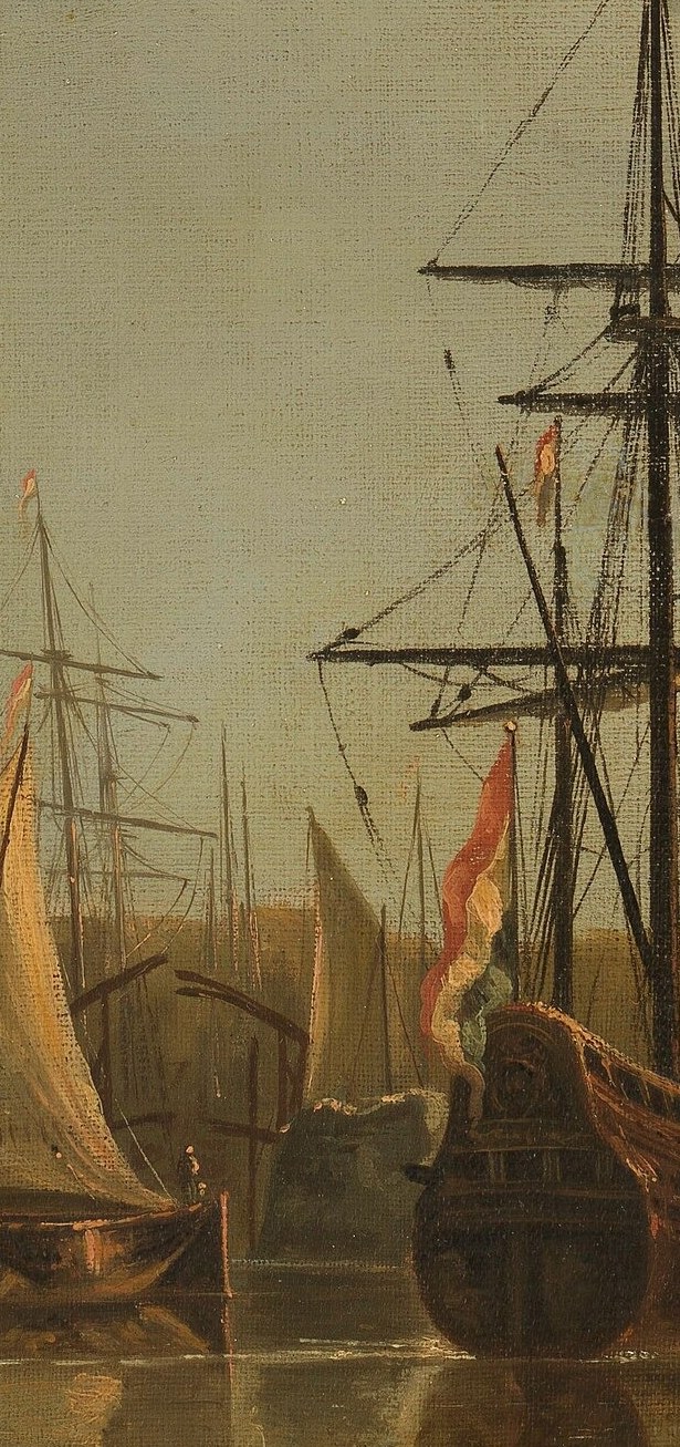 The tall mast of the central ship is a strong vertical element, conveying scale and maritime activity.