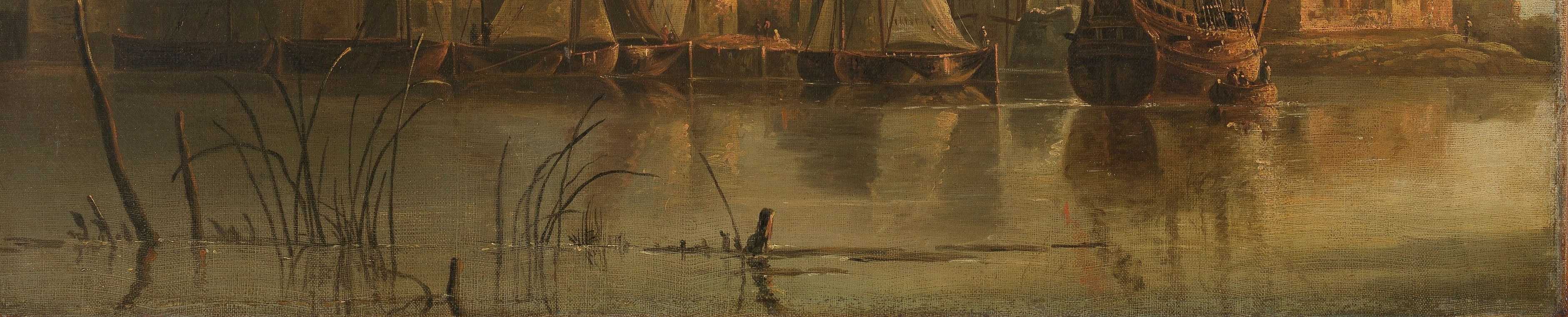 It shows the city of Dordrecht at sunset, from the Maas river.
