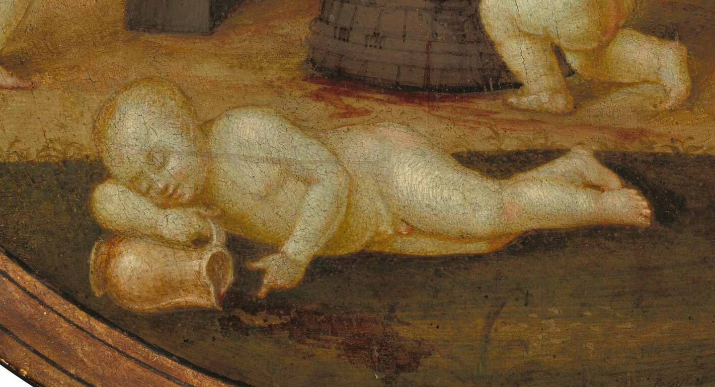 One putto lies on the ground. He has had enough.