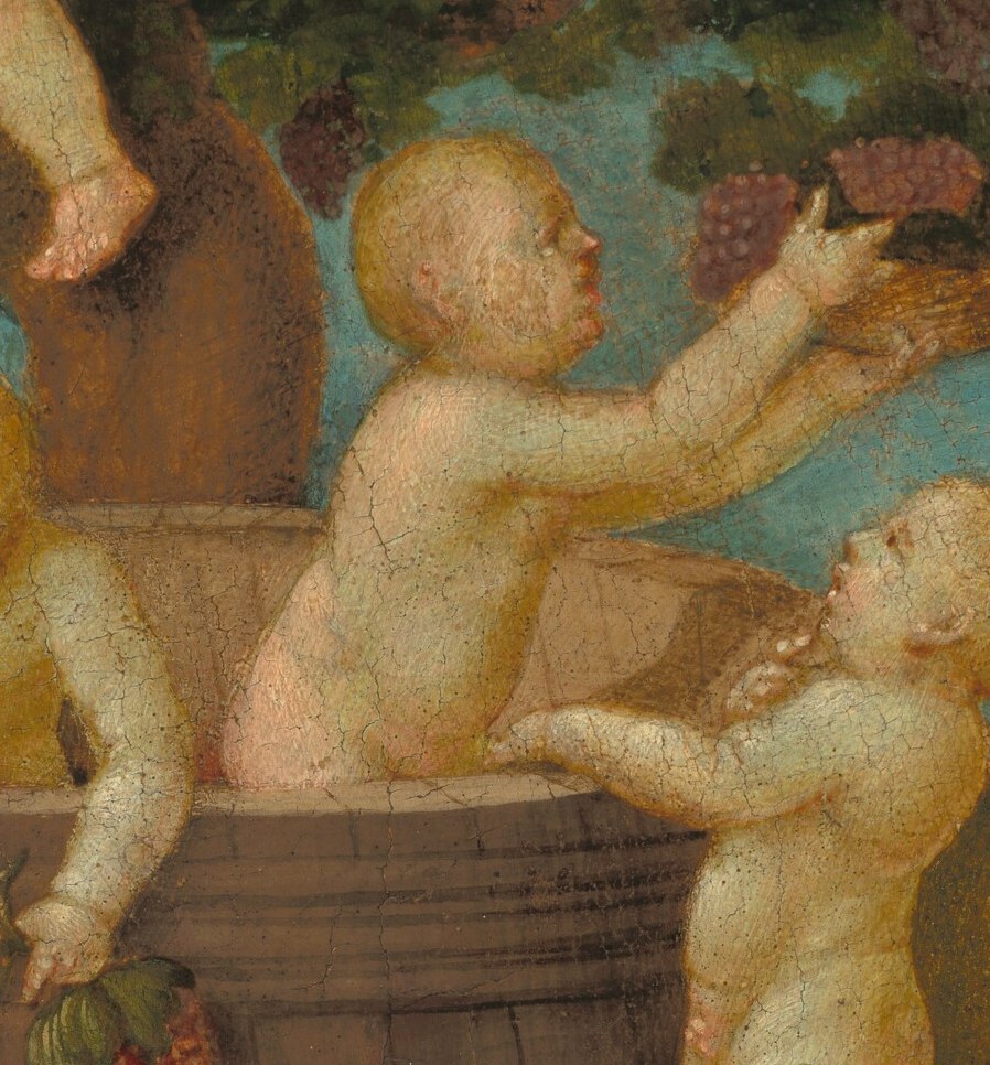 Below him, the work and the revelry of the harvest unfolds.