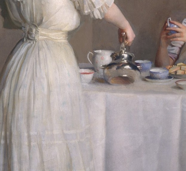 The tea is already drunk. The cups are nearly empty.