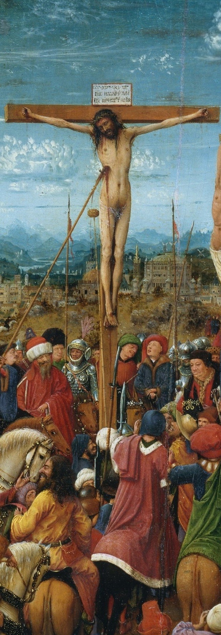 Christ suffers on the left; he will reign on the right.