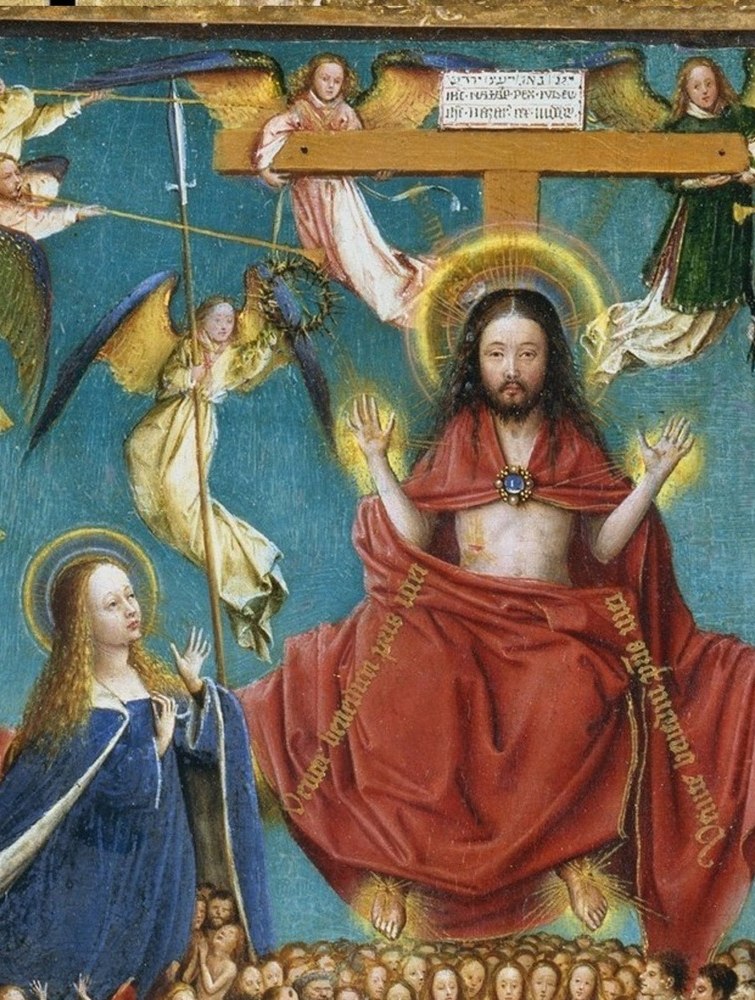 The same Christ who suffers on the left now reigns on the right , the diptych's theological argument is only visible when both panels are held in view simultaneously