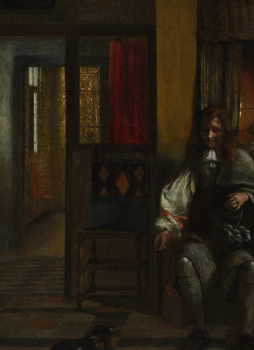 His relaxed posture and downward gaze anchor the domestic scene; the gesture toward the dog humanizes the composition.