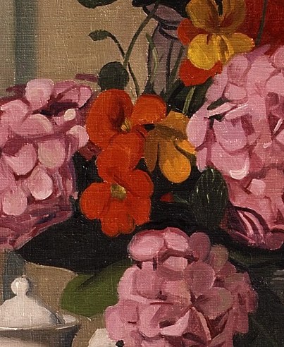 The vibrant pink hydrangeas suggest abundance and the fleeting nature of beauty.