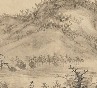 Rendered with the 'boneless' dotting method contrasting sharply with the dry rock lines nearby; may conceal a recluse's dwelling , a hidden shelter the eye keeps searching for.