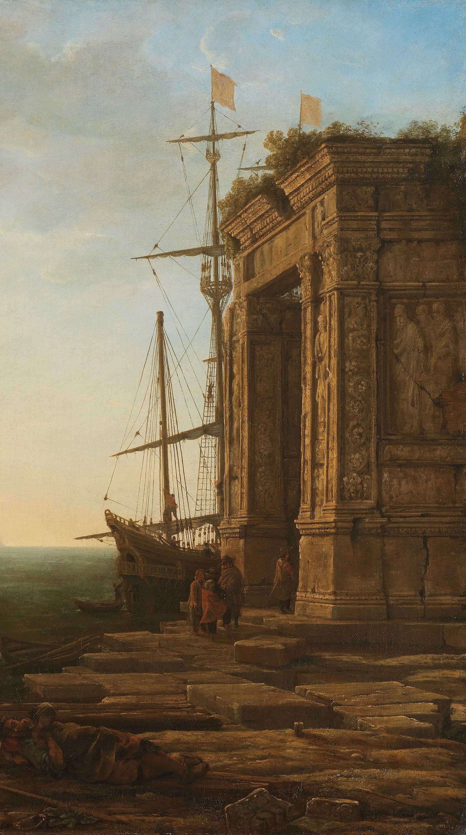 The dominant architectural anchor of the composition , its crumbling masonry and classical columns signal the passage of empire, a Lorrain signature device for framing maritime idealism