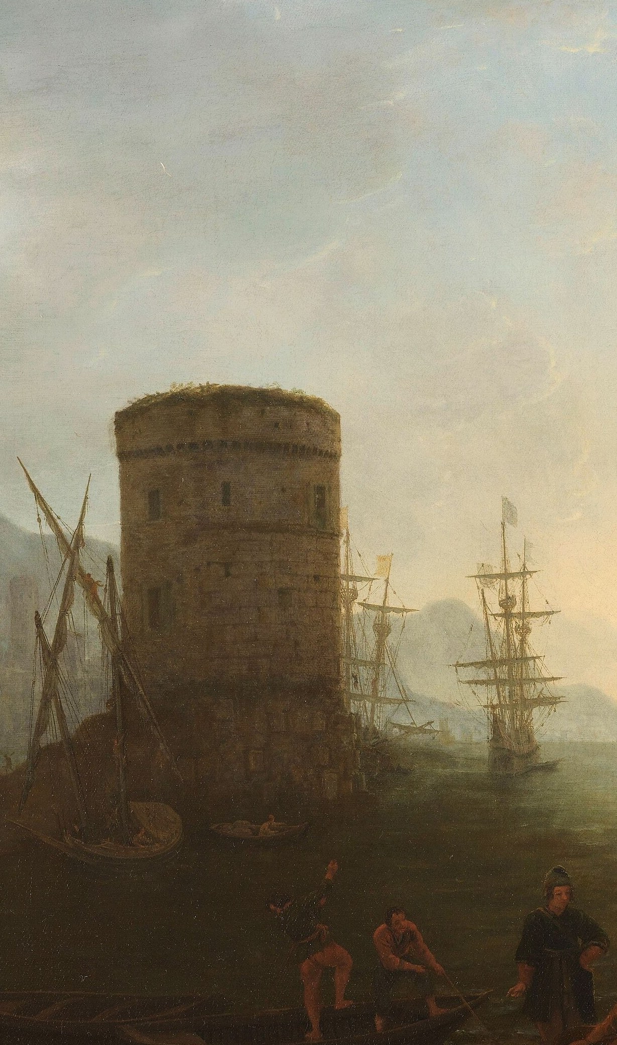 A medieval fortification repurposed as compositional counterweight to the classical ruins; the contrast of building types encodes the layering of historical eras