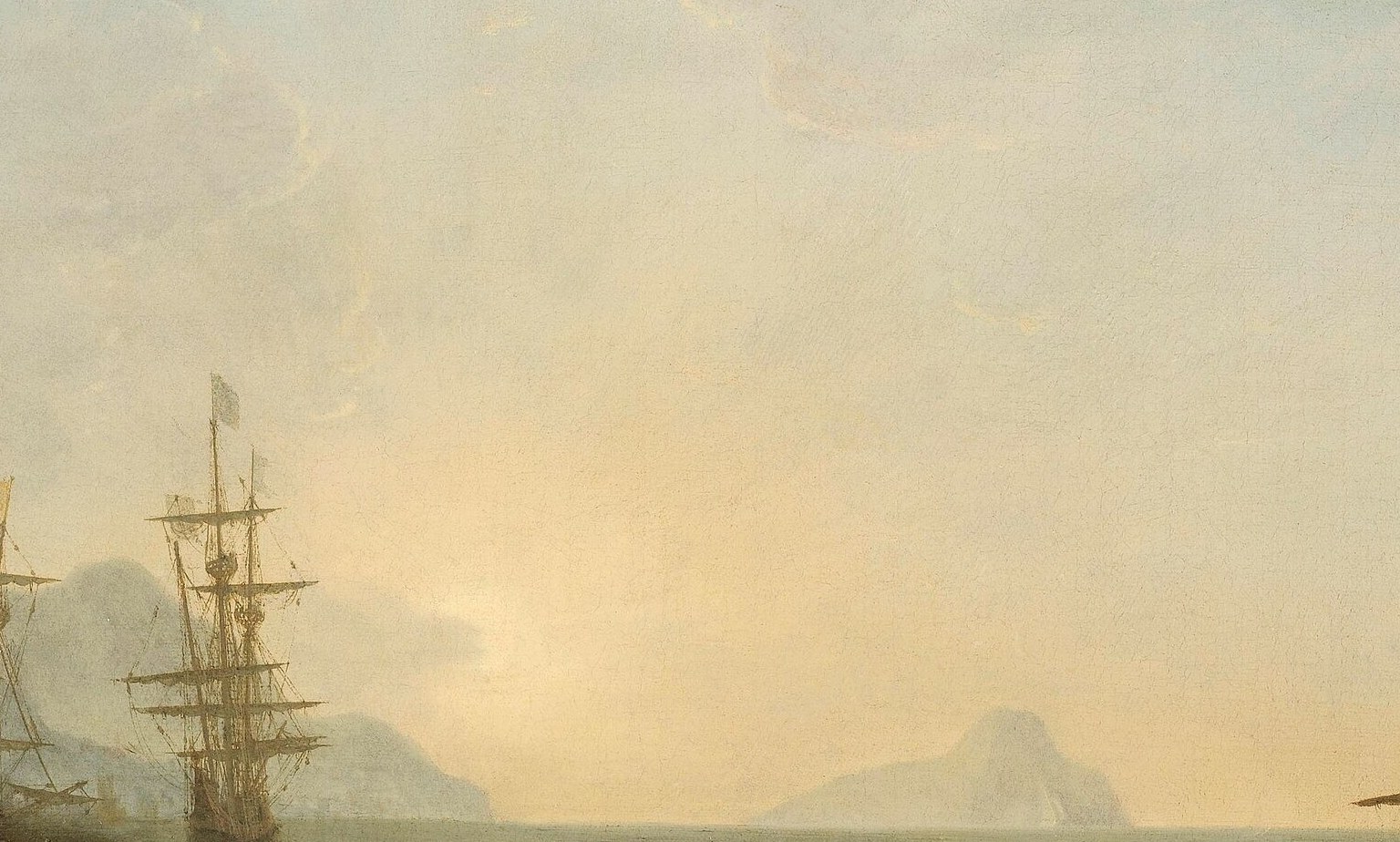 The optical heart of the painting , Lorrain's contre-jour sun positioned low on the water creates the atmospheric haze and blinding aureole that made him famous across Europe
