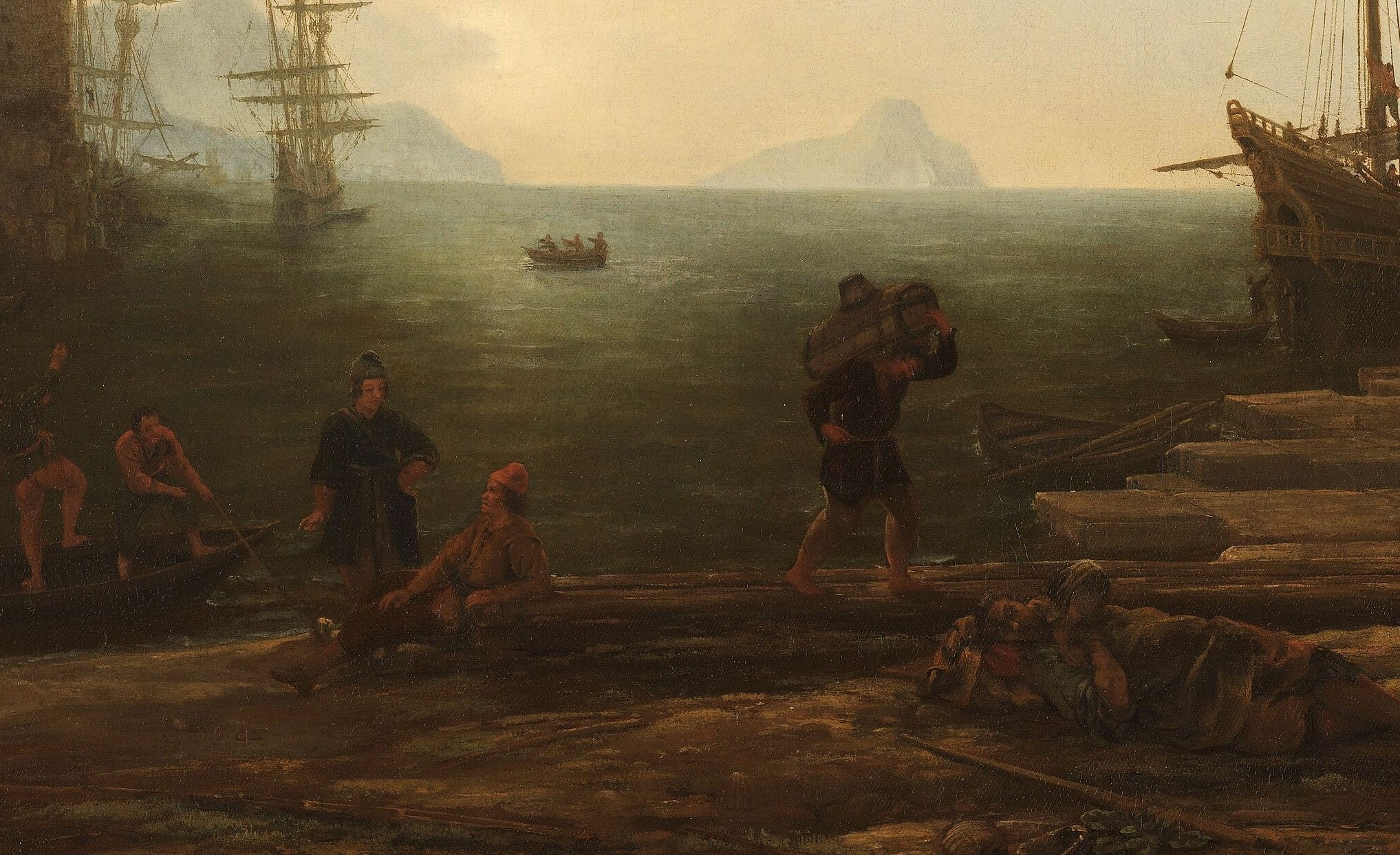 The mirror-path of light on the harbor surface pulls the eye from the foreground into the solar source, demonstrating Lorrain's mastery of tonal recession
