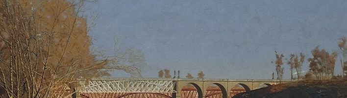 An identifiable Philadelphia landmark , the Columbia Railroad Bridge , grounds the scene in a specific modern city, placing athletic leisure inside industrial America.