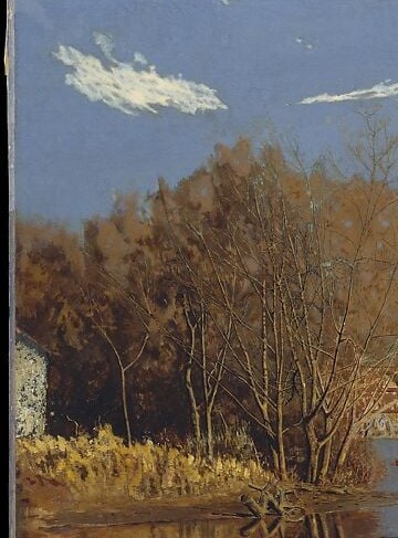 The warm ochre and orange palette dates the scene to October, corroborating the historical race date of October 5, 1870 , nature as documentary evidence.