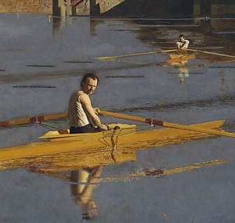 The commemorated champion rests his oars mid-stroke, turning slightly toward the viewer , a pose of earned calm rather than exertion, anchoring the whole composition.
