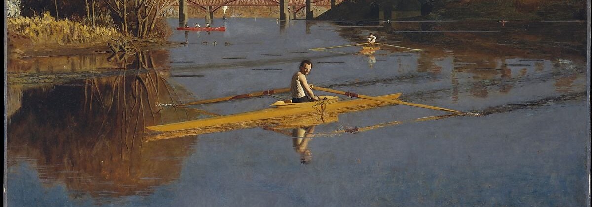 Eakins uses the still water as a second sky, nearly doubling the image's luminosity; the slight ripple near the oar blades is the only evidence of movement.