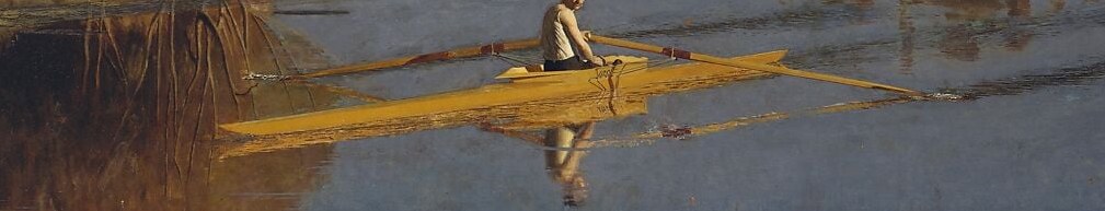 The scull's slender silhouette makes the boat seem impossibly fragile; its horizontal line organizes the entire lower canvas.