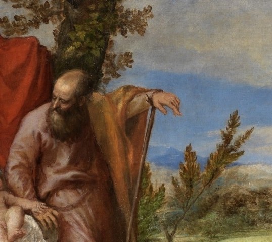 Joseph looms protectively behind; his shadowed, weather-worn face suggests the journey's hardship in contrast to Mary's serenity.