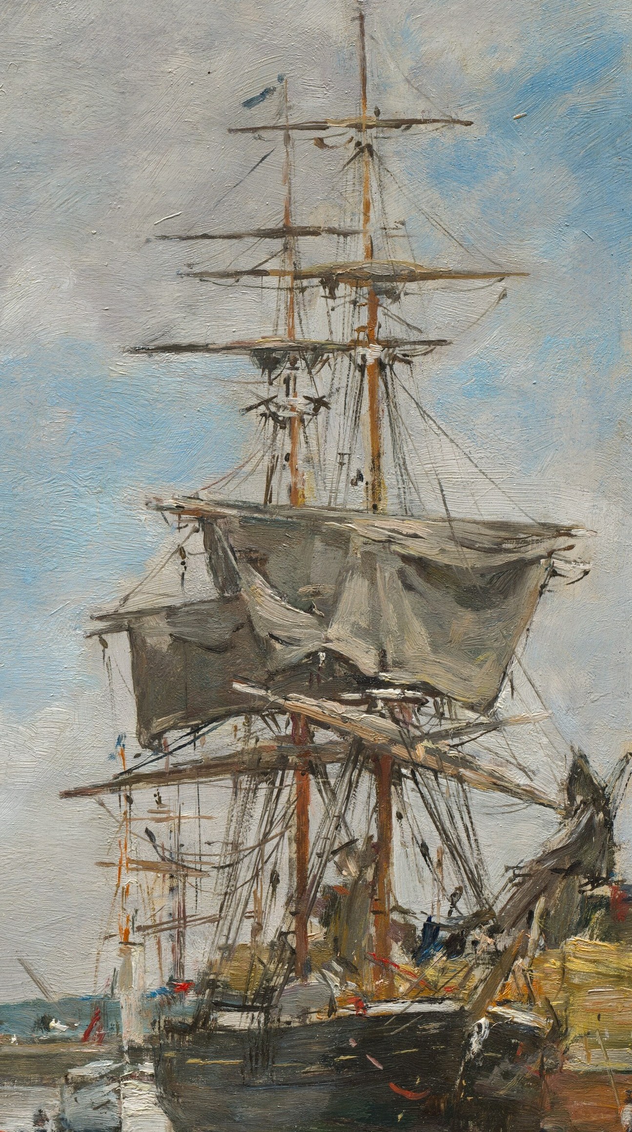 Shows the intricate details of sailing technology and the artist's ability to render complex structures with loose brushstrokes.