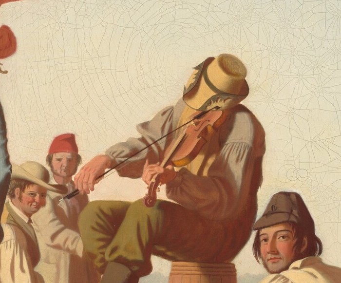 The musician's focused expression and the lively posture suggest the power of music to create camaraderie and pass the time.