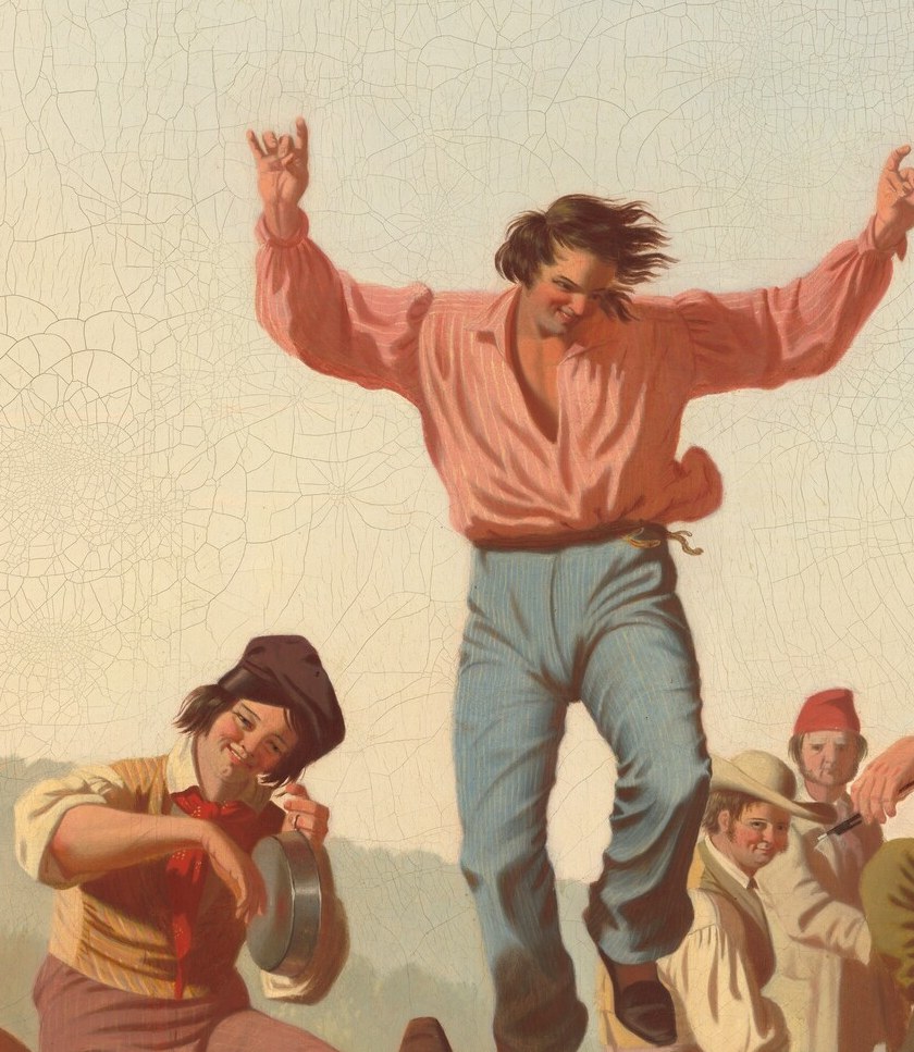His ecstatic pose and open arms convey a sense of freedom and unrestrained joy, capturing the spirit of the moment.
