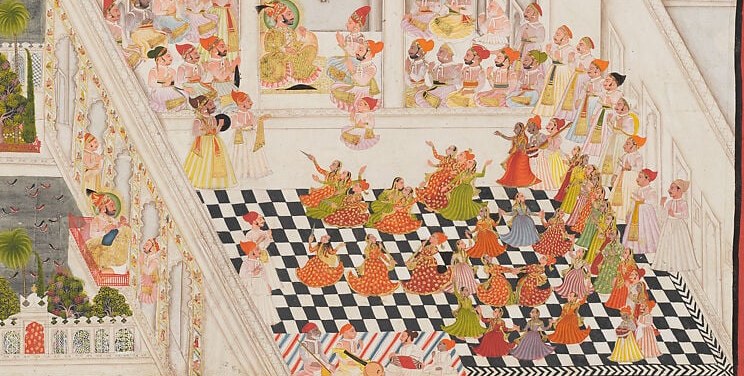 The bold geometric pavement dominates the lower half and creates a stage-like space for the performance; the pattern is a known feature of Udaipur palace courtyards and appears in multiple Mewar paintings as a legible setting marker.