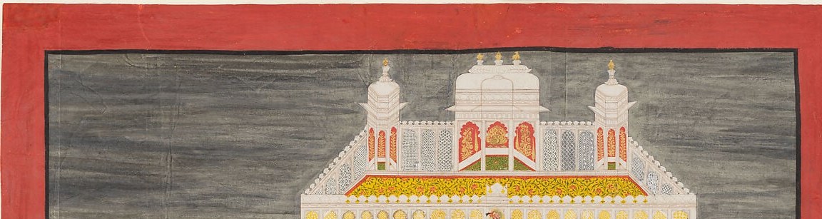 The brooding grey ground is not neutral , it sets this gathering in a specific seasonal moment (monsoon festival), and the pale palace floats against it like a lantern, a deliberate dramatization rather than observed atmosphere.