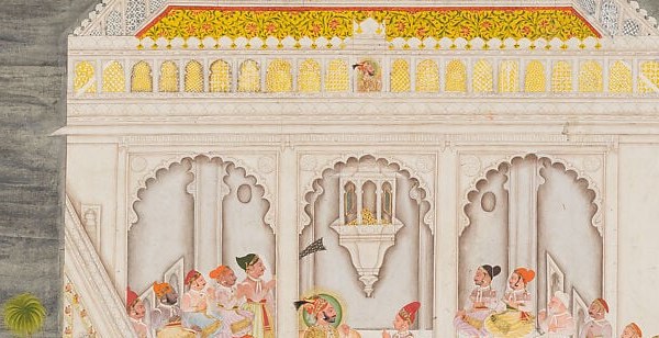 The seating order is not decorative , each figure's proximity to the Maharana corresponds to their formal rank; the composition is a dynastic org-chart rendered in paint.
