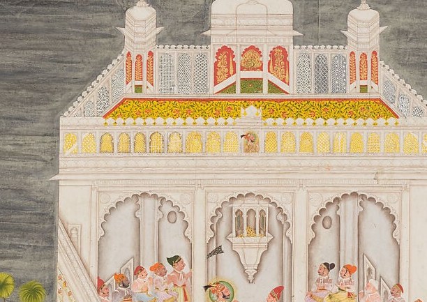 The architecture is a record of how the palace actually looked in 1767, with its arcaded balconies, cusped arches, and layered terraces , architectural historians treat Mewar court paintings as primary documents for lost or altered buildings.