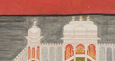 The saturated yellow dome is the visual apex of the entire composition and anchors the palace's identity as Jagniwas; gold leaf catches light differently from the surrounding white plaster, making it a natural close-up target.
