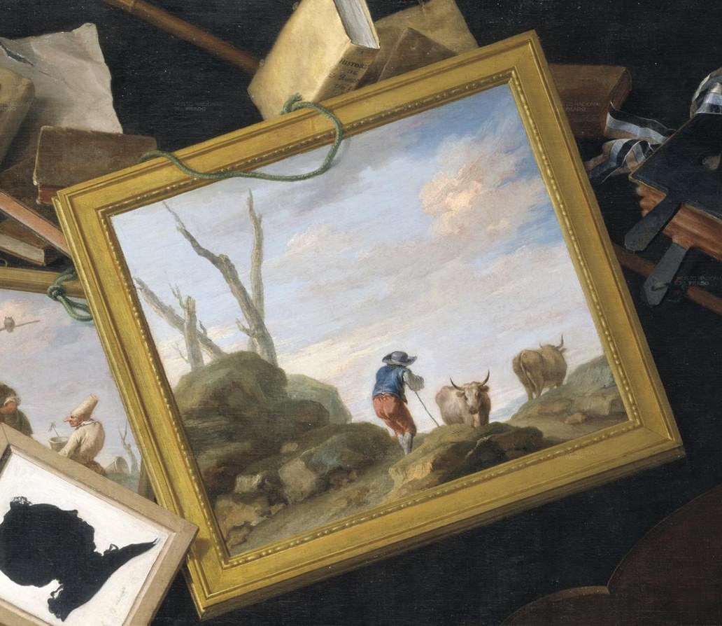 The landscape within this painting, with its figures and animals, offers a glimpse into another world.
