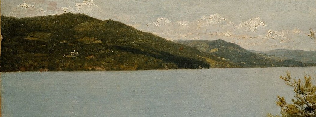 The defining Luminist passage , the water is polished to a mirror-like stillness, reflecting sky and hills with almost no brushwork visible, creating the painting's central mood of absolute calm.