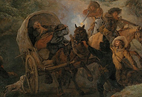 A covered wagon, full of travelers, is suddenly ambushed.